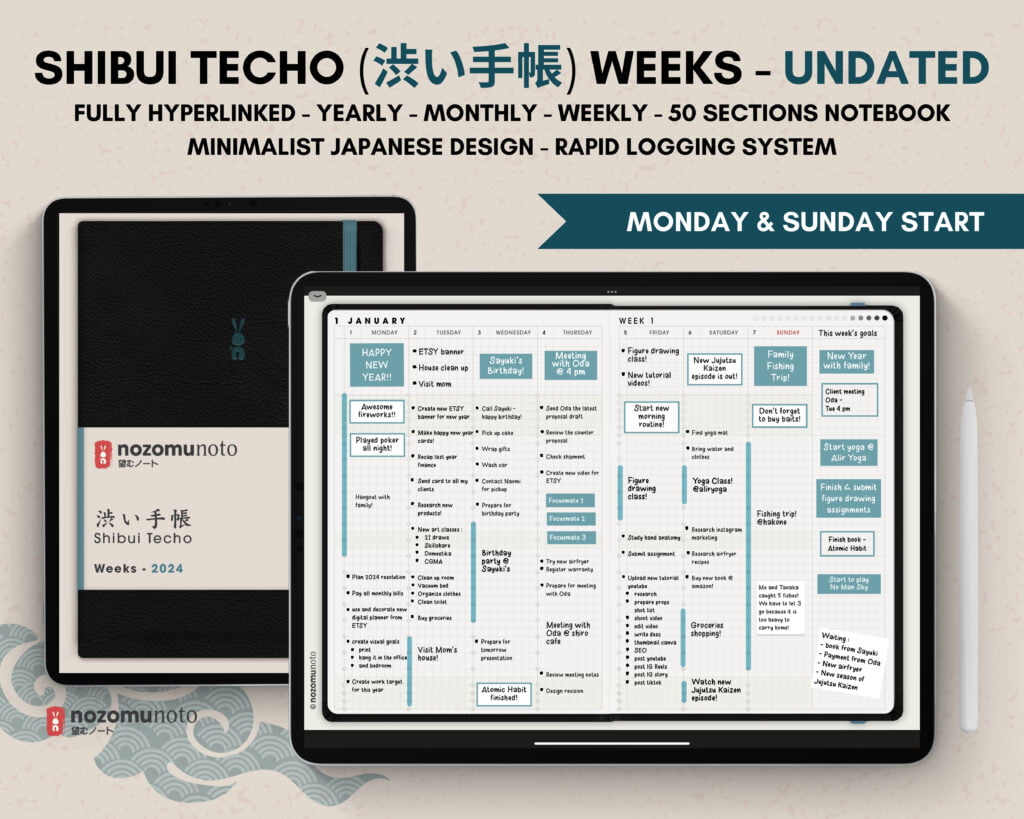 Undated Digital Planner Shibui Techo NozomuNoto Notebook Weekly Monthly Calendar Japanese Multipurpose Minimalist ADHD Bullet Journal Hyperlinked PDF Goodnotes Notability Landscape Android iPad Student Study Noteshelf Samsung Notes Xodo