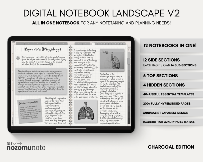 Digital Notebook V2 Landscape Yume Noto NozomuNoto Japanese Multipurpose Minimalist ADHD Bullet Journal Hyperlinked PDF Goodnotes Notability Android Tablet iPad Student Study Teacher Travel Cornell Grid Lines Dotted Template Noteshelf Samsung Xodo