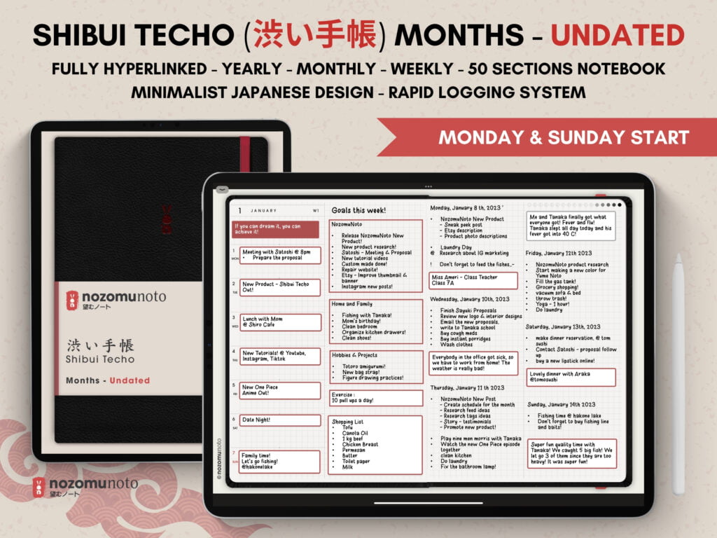 Undated Digital Planner Shibui Techo NozomuNoto Notebook Weekly Monthly Calendar Japanese Multipurpose Minimalist ADHD Bullet Journal Hyperlinked PDF Goodnotes Notability Landscape Android iPad Student Study Noteshelf Samsung Notes Xodo