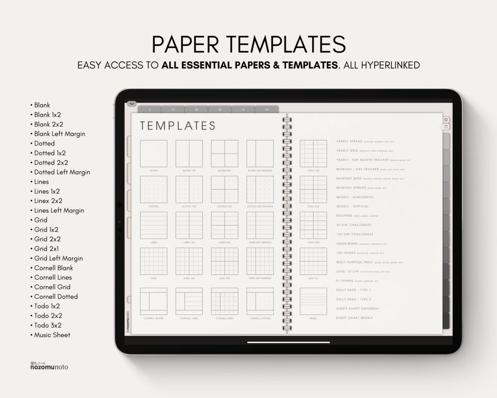 Digital Notebook V2 Landscape Yume Noto NozomuNoto Japanese Multipurpose Minimalist ADHD Bullet Journal Hyperlinked PDF Goodnotes Notability Android Tablet iPad Student Study Teacher Travel Cornell Grid Lines Dotted Template Noteshelf Samsung Xodo