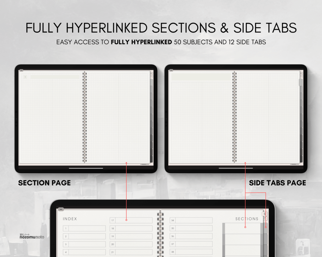 Digital Notebook V2 Landscape Yume Noto NozomuNoto Japanese Multipurpose Minimalist ADHD Bullet Journal Hyperlinked PDF Goodnotes Notability Android Tablet iPad Student Study Teacher Travel Cornell Grid Lines Dotted Template Noteshelf Samsung Xodo