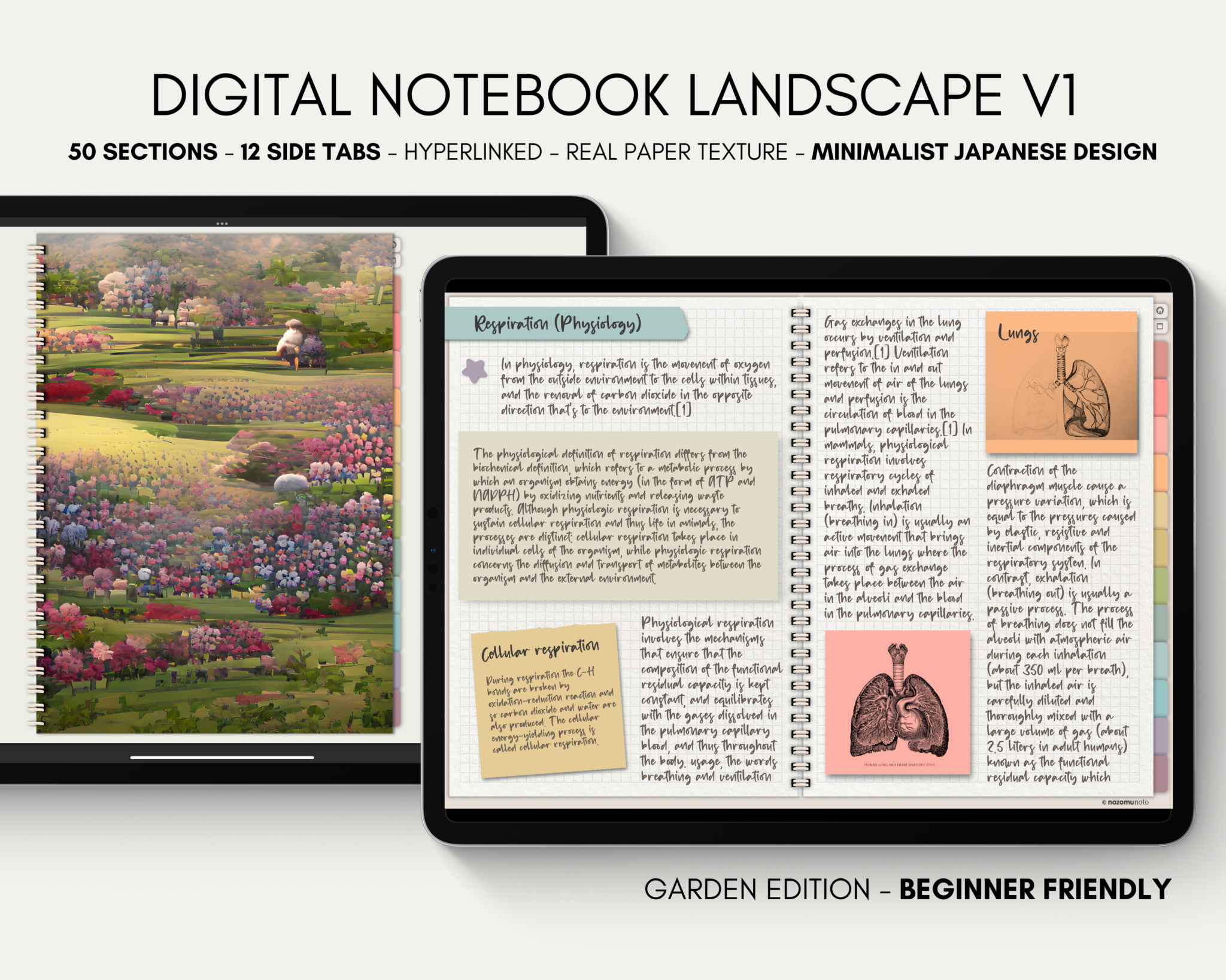 Digital Notebook V1 Landscape Yume Noto NozomuNoto Japanese Multipurpose Minimalist ADHD Bullet Journal Hyperlinked PDF Goodnotes Notability Android Tablet iPad Student Study Teacher Travel Cornell Grid Lines Dotted Template Noteshelf Samsung Xodo