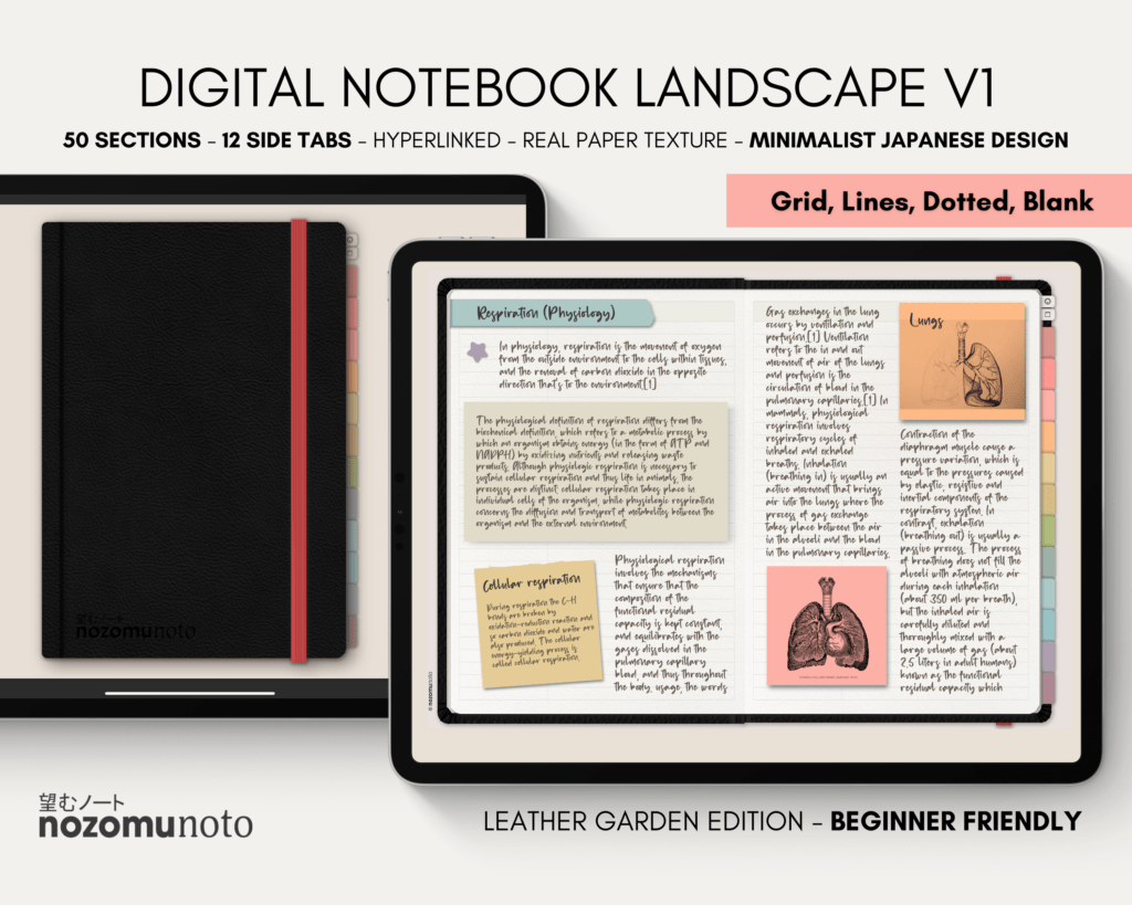 Digital Notebook V1 Landscape Yume Noto NozomuNoto Japanese Multipurpose Minimalist ADHD Bullet Journal Hyperlinked PDF Goodnotes Notability Android Tablet iPad Student Study Teacher Travel Cornell Grid Lines Dotted Template Noteshelf Samsung Xodo