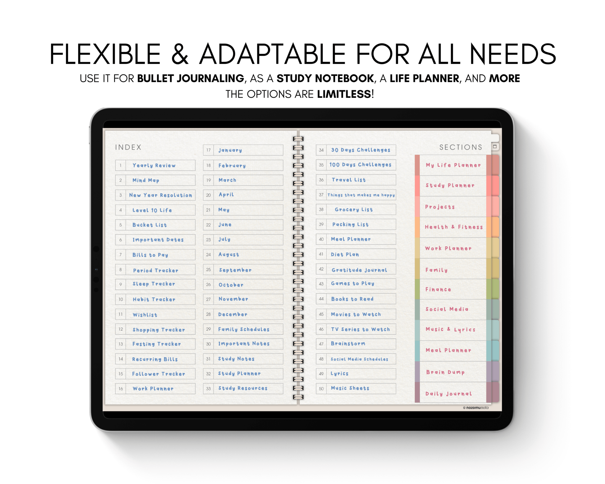 Digital Notebook V1 Landscape Yume Noto NozomuNoto Japanese Multipurpose Minimalist ADHD Bullet Journal Hyperlinked PDF Goodnotes Notability Android Tablet iPad Student Study Teacher Travel Cornell Grid Lines Dotted Template Noteshelf Samsung Xodo