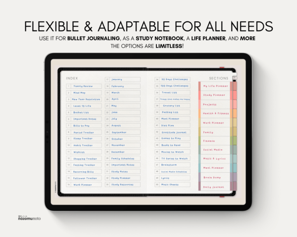 Digital Notebook V1 Landscape Yume Noto NozomuNoto Japanese Multipurpose Minimalist ADHD Bullet Journal Hyperlinked PDF Goodnotes Notability Android Tablet iPad Student Study Teacher Travel Cornell Grid Lines Dotted Template Noteshelf Samsung Xodo