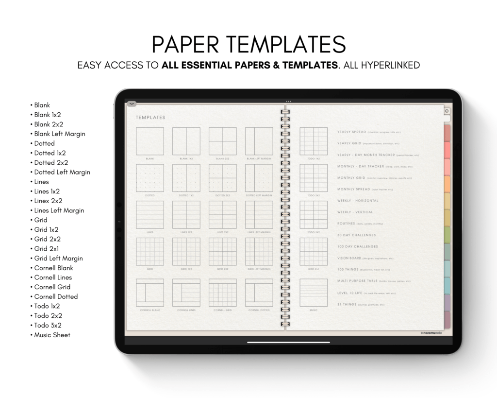 Digital Notebook V1 Landscape Yume Noto NozomuNoto Japanese Multipurpose Minimalist ADHD Bullet Journal Hyperlinked PDF Goodnotes Notability Android Tablet iPad Student Study Teacher Travel Cornell Grid Lines Dotted Template Noteshelf Samsung Xodo