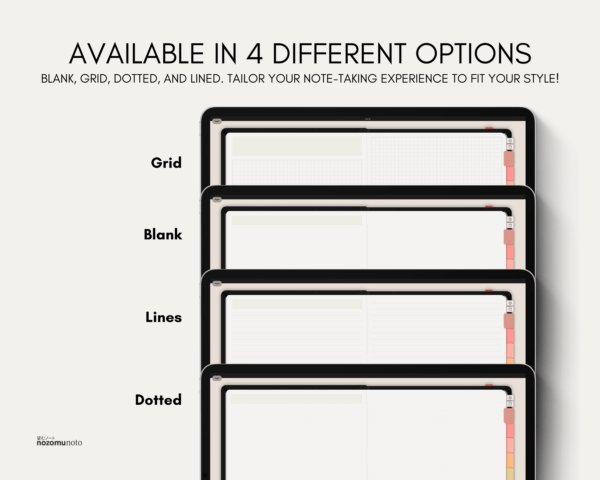 Digital Notebook V1 Landscape Yume Noto NozomuNoto Japanese Multipurpose Minimalist ADHD Bullet Journal Hyperlinked PDF Goodnotes Notability Android Tablet iPad Student Study Teacher Travel Cornell Grid Lines Dotted Template Noteshelf Samsung Xodo