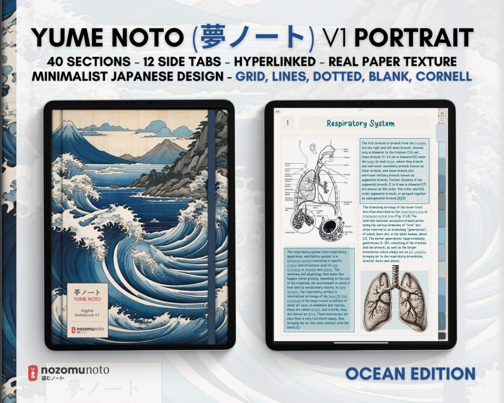 Digital Notebook V1 Portrait Yume Noto NozomuNoto Japanese Multipurpose Minimalist ADHD Bullet Journal Hyperlinked PDF Goodnotes Notability Android Tablet iPad Student Study Teacher Travel Cornell Grid Lines Dotted Template Noteshelf Samsung Xodo