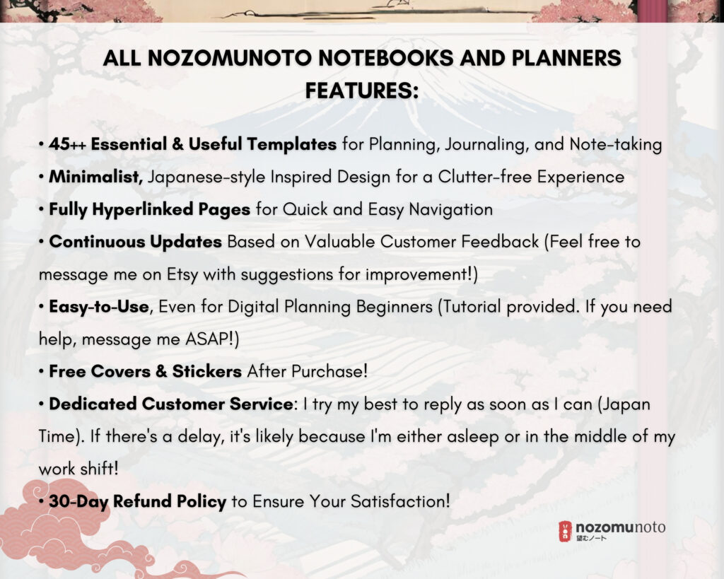 Digital Notebook V1 Portrait Yume Noto NozomuNoto Japanese Multipurpose Minimalist ADHD Bullet Journal Hyperlinked PDF Goodnotes Notability Android Tablet iPad Student Study Teacher Travel Cornell Grid Lines Dotted Template Noteshelf Samsung Xodo