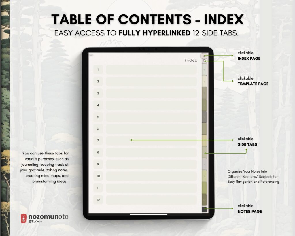 Digital Notebook V1 Portrait Yume Noto NozomuNoto Japanese Multipurpose Minimalist ADHD Bullet Journal Hyperlinked PDF Goodnotes Notability Android Tablet iPad Student Study Teacher Travel Cornell Grid Lines Dotted Template Noteshelf Samsung Xodo