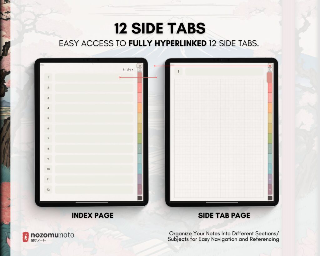 Digital Notebook V1 Portrait Yume Noto NozomuNoto Japanese Multipurpose Minimalist ADHD Bullet Journal Hyperlinked PDF Goodnotes Notability Android Tablet iPad Student Study Teacher Travel Cornell Grid Lines Dotted Template Noteshelf Samsung Xodo