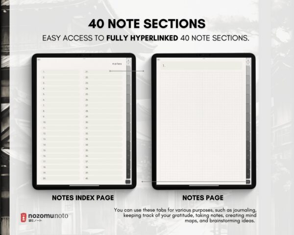 Digital Notebook V1 Portrait Yume Noto NozomuNoto Japanese Multipurpose Minimalist ADHD Bullet Journal Hyperlinked PDF Goodnotes Notability Android Tablet iPad Student Study Teacher Travel Cornell Grid Lines Dotted Template Noteshelf Samsung Xodo