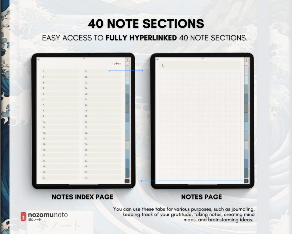 Digital Notebook V1 Portrait Yume Noto NozomuNoto Japanese Multipurpose Minimalist ADHD Bullet Journal Hyperlinked PDF Goodnotes Notability Android Tablet iPad Student Study Teacher Travel Cornell Grid Lines Dotted Template Noteshelf Samsung Xodo