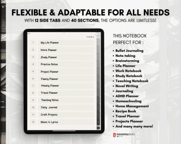 Digital Notebook V1 Portrait Yume Noto NozomuNoto Japanese Multipurpose Minimalist ADHD Bullet Journal Hyperlinked PDF Goodnotes Notability Android Tablet iPad Student Study Teacher Travel Cornell Grid Lines Dotted Template Noteshelf Samsung Xodo