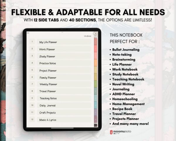 Digital Notebook V1 Portrait Yume Noto NozomuNoto Japanese Multipurpose Minimalist ADHD Bullet Journal Hyperlinked PDF Goodnotes Notability Android Tablet iPad Student Study Teacher Travel Cornell Grid Lines Dotted Template Noteshelf Samsung Xodo