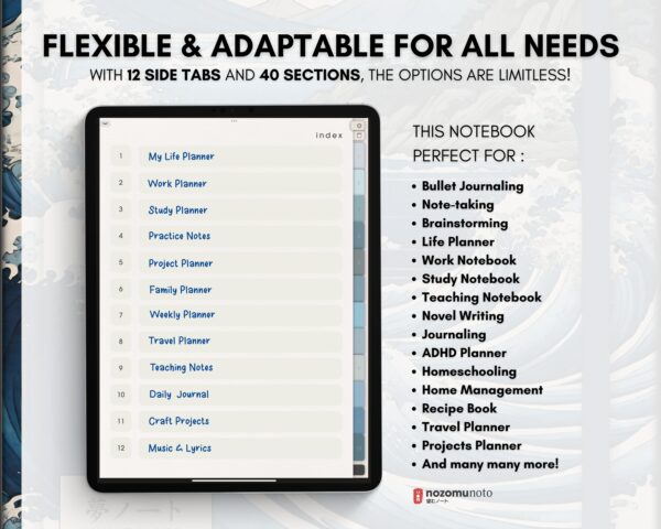 Digital Notebook V1 Portrait Yume Noto NozomuNoto Japanese Multipurpose Minimalist ADHD Bullet Journal Hyperlinked PDF Goodnotes Notability Android Tablet iPad Student Study Teacher Travel Cornell Grid Lines Dotted Template Noteshelf Samsung Xodo