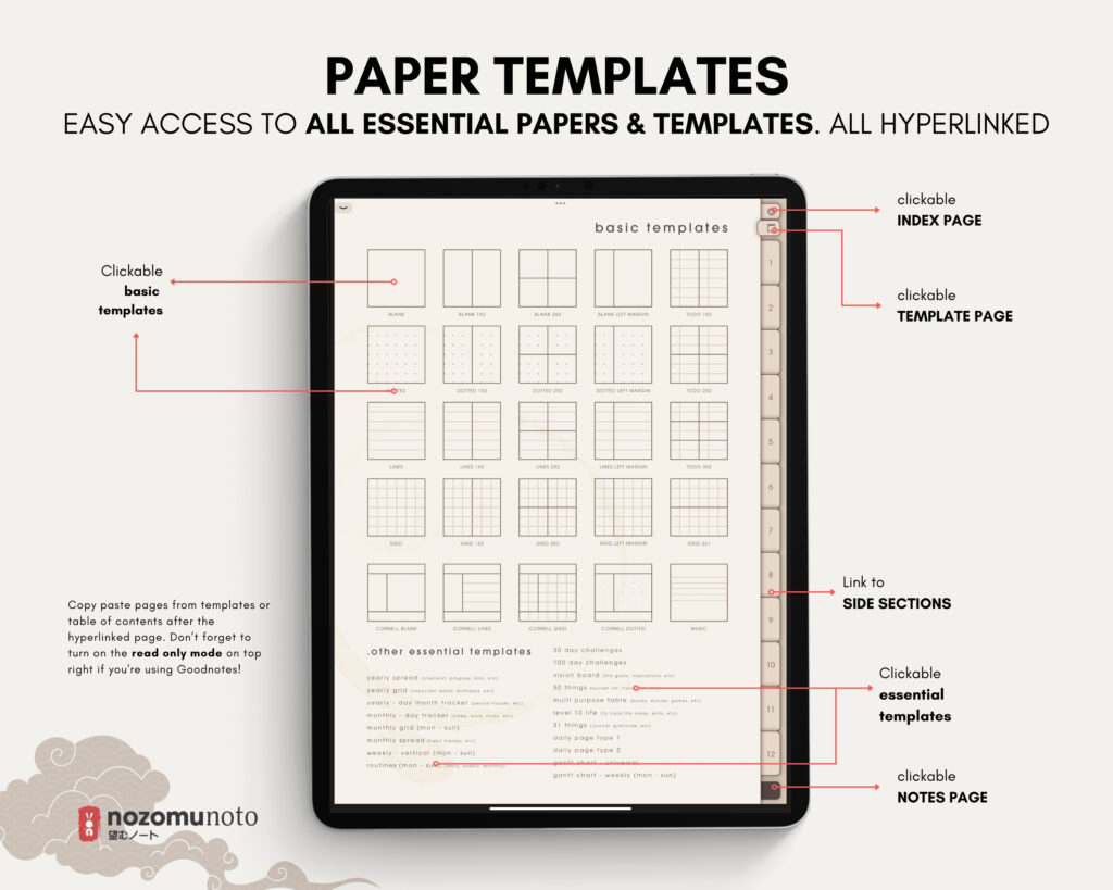 Digital Notebook V1 Portrait Yume Noto NozomuNoto Japanese Multipurpose Minimalist ADHD Bullet Journal Hyperlinked PDF Goodnotes Notability Android Tablet iPad Student Study Teacher Travel Cornell Grid Lines Dotted Template Noteshelf Samsung Xodo