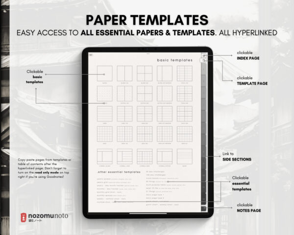 Digital Notebook V1 Portrait Yume Noto NozomuNoto Japanese Multipurpose Minimalist ADHD Bullet Journal Hyperlinked PDF Goodnotes Notability Android Tablet iPad Student Study Teacher Travel Cornell Grid Lines Dotted Template Noteshelf Samsung Xodo