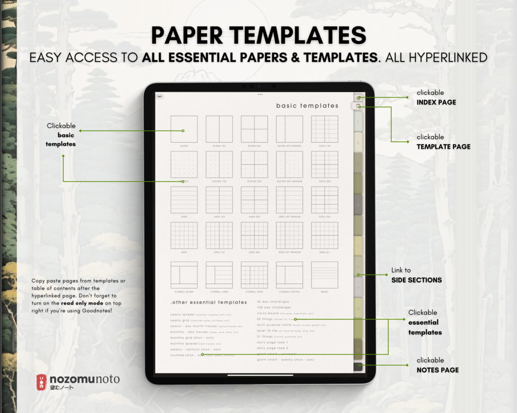 Digital Notebook V1 Portrait Yume Noto NozomuNoto Japanese Multipurpose Minimalist ADHD Bullet Journal Hyperlinked PDF Goodnotes Notability Android Tablet iPad Student Study Teacher Travel Cornell Grid Lines Dotted Template Noteshelf Samsung Xodo