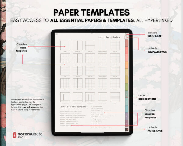 Digital Notebook V1 Portrait Yume Noto NozomuNoto Japanese Multipurpose Minimalist ADHD Bullet Journal Hyperlinked PDF Goodnotes Notability Android Tablet iPad Student Study Teacher Travel Cornell Grid Lines Dotted Template Noteshelf Samsung Xodo