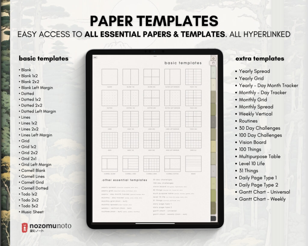 Digital Notebook V1 Portrait Yume Noto NozomuNoto Japanese Multipurpose Minimalist ADHD Bullet Journal Hyperlinked PDF Goodnotes Notability Android Tablet iPad Student Study Teacher Travel Cornell Grid Lines Dotted Template Noteshelf Samsung Xodo