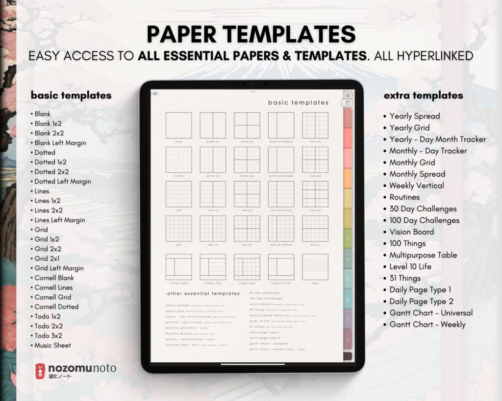 Digital Notebook V1 Portrait Yume Noto NozomuNoto Japanese Multipurpose Minimalist ADHD Bullet Journal Hyperlinked PDF Goodnotes Notability Android Tablet iPad Student Study Teacher Travel Cornell Grid Lines Dotted Template Noteshelf Samsung Xodo