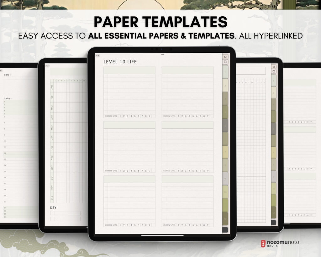 Digital Notebook V1 Portrait Yume Noto NozomuNoto Japanese Multipurpose Minimalist ADHD Bullet Journal Hyperlinked PDF Goodnotes Notability Android Tablet iPad Student Study Teacher Travel Cornell Grid Lines Dotted Template Noteshelf Samsung Xodo