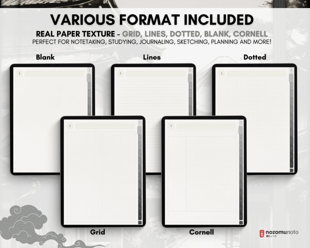 Digital Notebook V1 Portrait Yume Noto NozomuNoto Japanese Multipurpose Minimalist ADHD Bullet Journal Hyperlinked PDF Goodnotes Notability Android Tablet iPad Student Study Teacher Travel Cornell Grid Lines Dotted Template Noteshelf Samsung Xodo