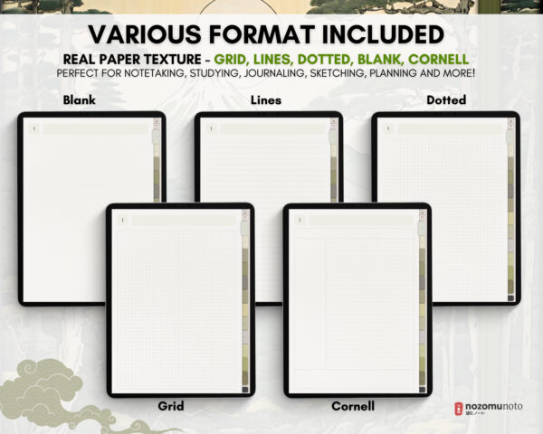 Digital Notebook V1 Portrait Yume Noto NozomuNoto Japanese Multipurpose Minimalist ADHD Bullet Journal Hyperlinked PDF Goodnotes Notability Android Tablet iPad Student Study Teacher Travel Cornell Grid Lines Dotted Template Noteshelf Samsung Xodo