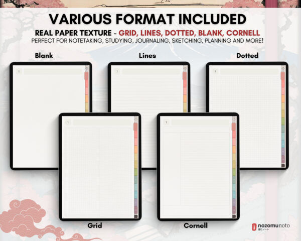 Digital Notebook V1 Portrait Yume Noto NozomuNoto Japanese Multipurpose Minimalist ADHD Bullet Journal Hyperlinked PDF Goodnotes Notability Android Tablet iPad Student Study Teacher Travel Cornell Grid Lines Dotted Template Noteshelf Samsung Xodo