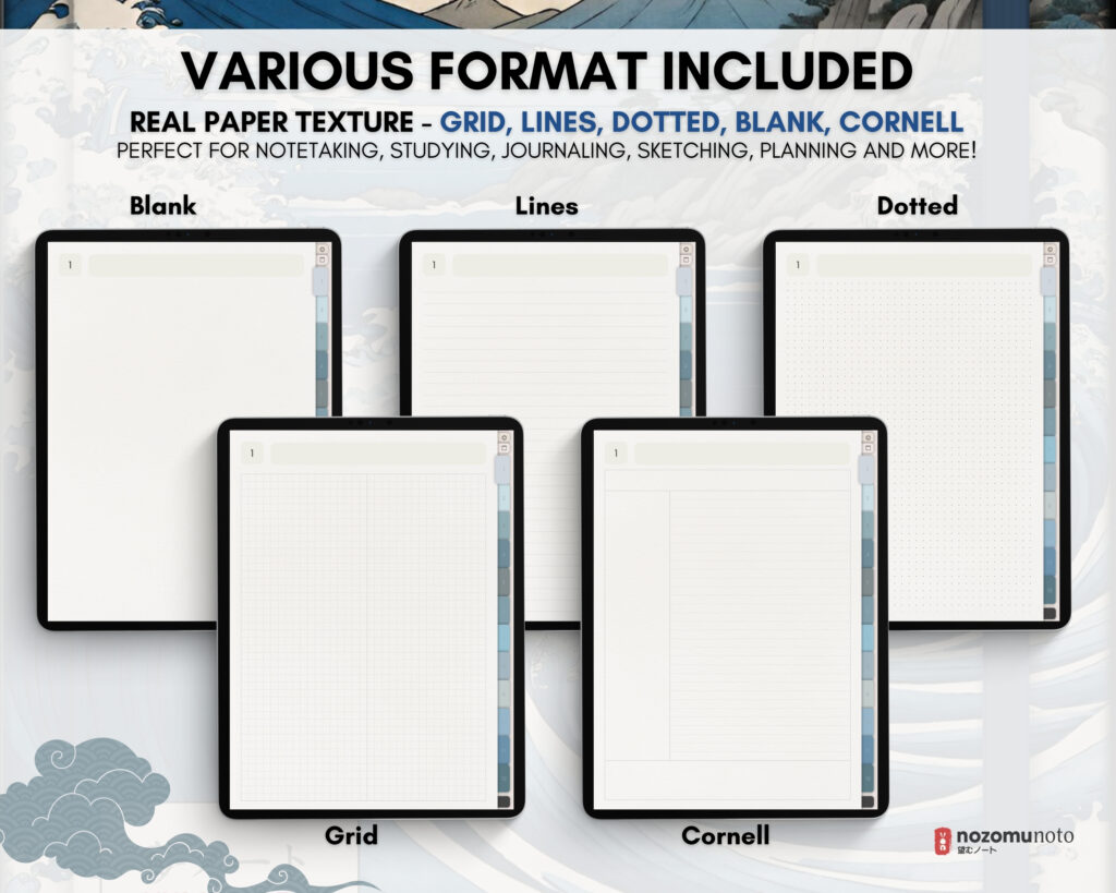 Digital Notebook V1 Portrait Yume Noto NozomuNoto Japanese Multipurpose Minimalist ADHD Bullet Journal Hyperlinked PDF Goodnotes Notability Android Tablet iPad Student Study Teacher Travel Cornell Grid Lines Dotted Template Noteshelf Samsung Xodo