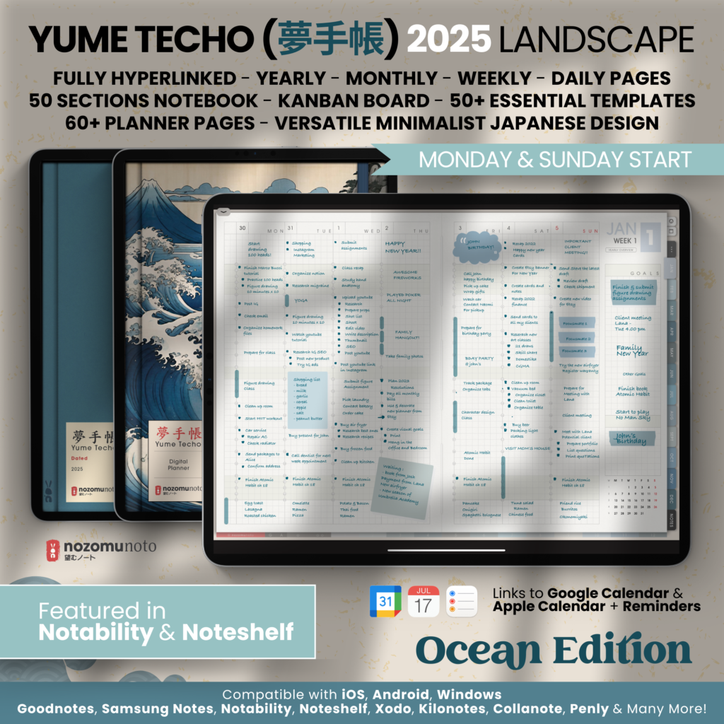2025 Digital Planner Yume Techo NozomuNoto Notebook Daily Weekly Monthly Calendar Japanese Multipurpose Minimalist ADHD Bullet Journal Hyperlinked PDF Goodnotes Notability Landscape Android iPad Student Study Noteshelf Samsung Notes Hobonichi