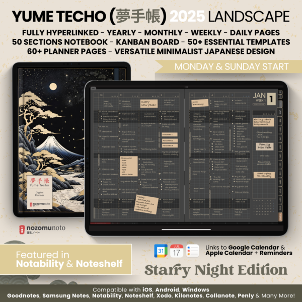 2025 Digital Planner Yume Techo NozomuNoto Notebook Daily Weekly Monthly Calendar Japanese Multipurpose Minimalist ADHD Bullet Journal Hyperlinked PDF Goodnotes Notability Landscape Android iPad Student Study Noteshelf Samsung Notes Hobonichi