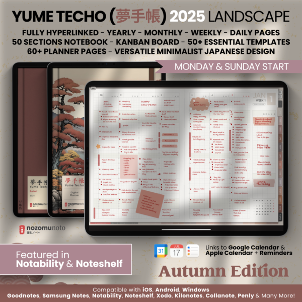 2025 Digital Planner Yume Techo NozomuNoto Notebook Daily Weekly Monthly Calendar Japanese Multipurpose Minimalist ADHD Bullet Journal Hyperlinked PDF Goodnotes Notability Landscape Android iPad Student Study Noteshelf Samsung Notes Hobonichi