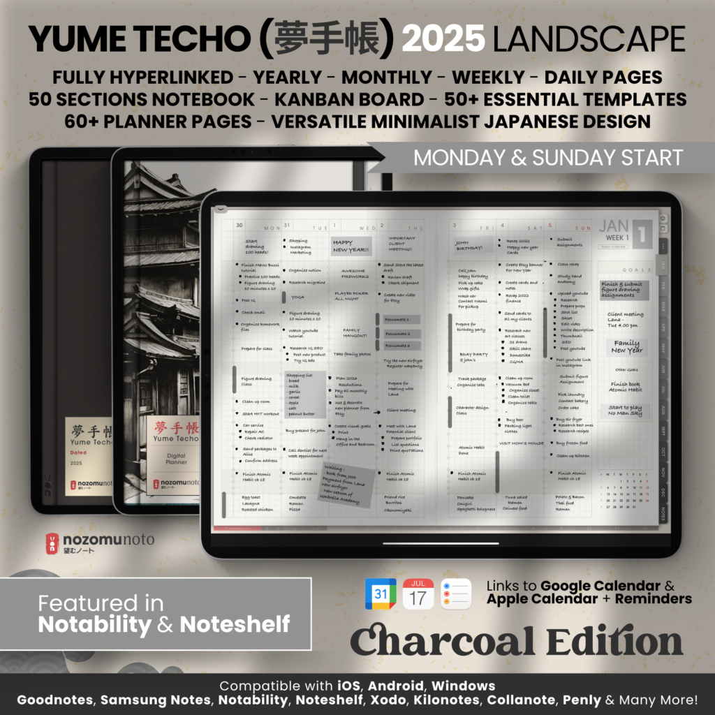 2025 Digital Planner Yume Techo NozomuNoto Notebook Daily Weekly Monthly Calendar Japanese Multipurpose Minimalist ADHD Bullet Journal Hyperlinked PDF Goodnotes Notability Landscape Android iPad Student Study Noteshelf Samsung Notes Hobonichi