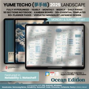 2025 Digital Planner Yume Techo NozomuNoto Notebook Daily Weekly Monthly Calendar Japanese Multipurpose Minimalist ADHD Bullet Journal Hyperlinked PDF Goodnotes Notability Landscape Android iPad Student Study Noteshelf Samsung Notes Hobonichi