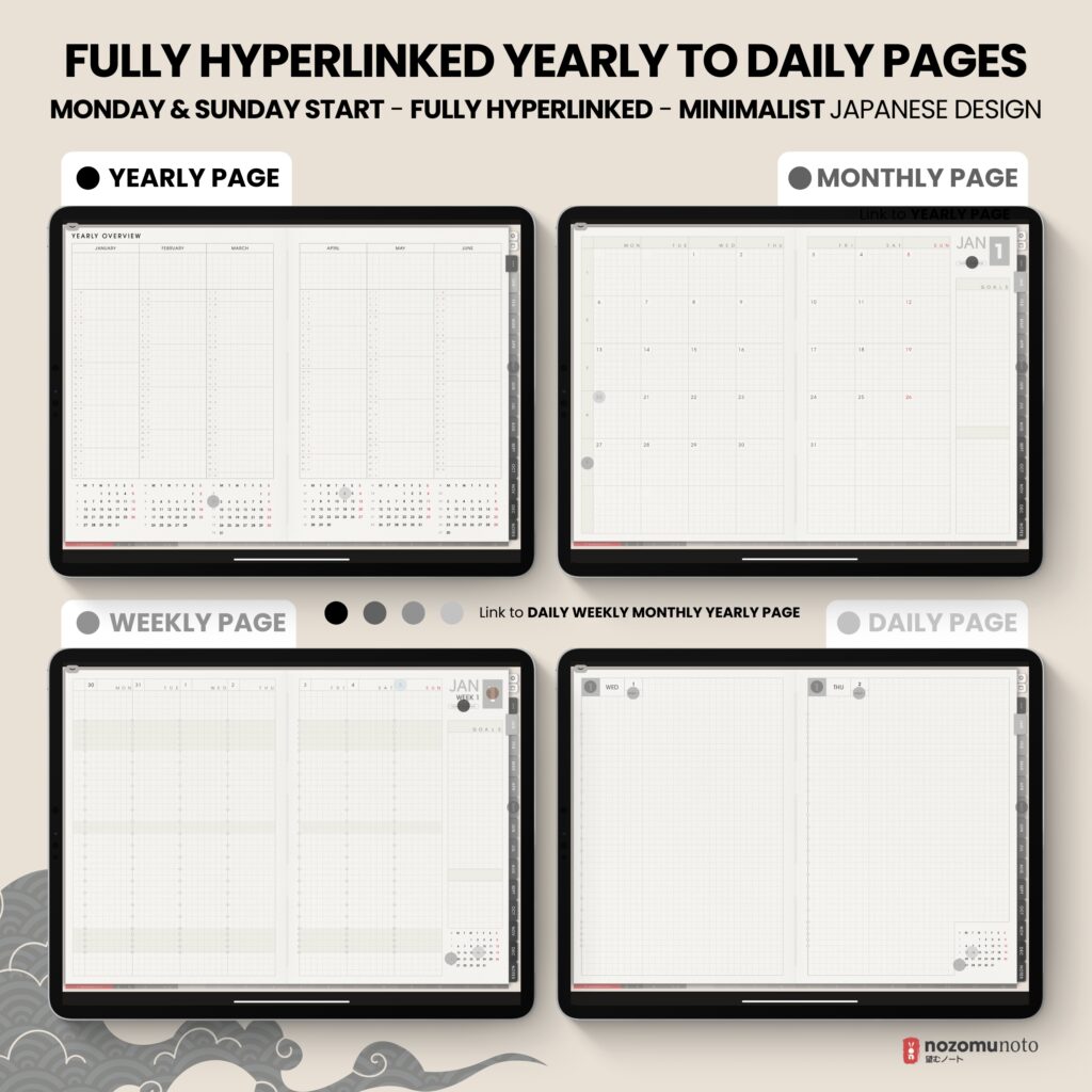 2025 Digital Planner Yume Techo NozomuNoto Notebook Daily Weekly Monthly Calendar Japanese Multipurpose Minimalist ADHD Bullet Journal Hyperlinked PDF Goodnotes Notability Landscape Android iPad Student Study Noteshelf Samsung Notes Hobonichi