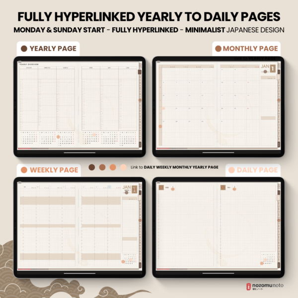 2025 Digital Planner Yume Techo NozomuNoto Notebook Daily Weekly Monthly Calendar Japanese Multipurpose Minimalist ADHD Bullet Journal Hyperlinked PDF Goodnotes Notability Landscape Android iPad Student Study Noteshelf Samsung Notes Hobonichi