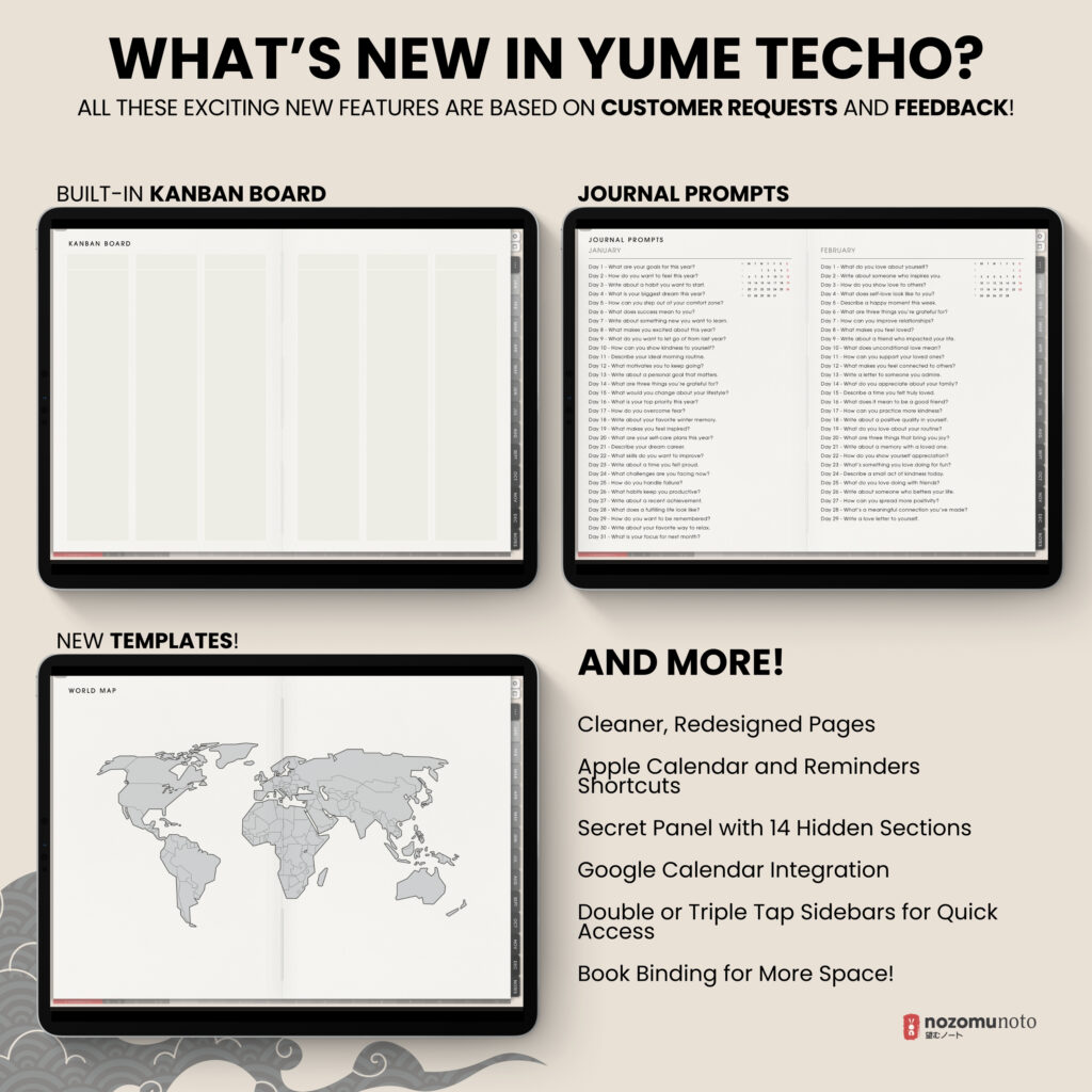 2025 Digital Planner Yume Techo NozomuNoto Notebook Daily Weekly Monthly Calendar Japanese Multipurpose Minimalist ADHD Bullet Journal Hyperlinked PDF Goodnotes Notability Landscape Android iPad Student Study Noteshelf Samsung Notes Hobonichi