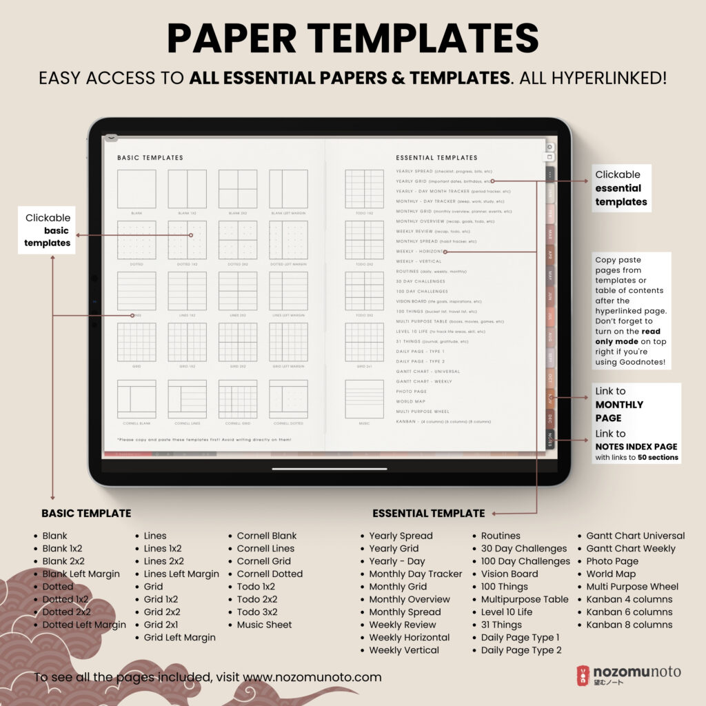 2025 Digital Planner Yume Techo NozomuNoto Notebook Daily Weekly Monthly Calendar Japanese Multipurpose Minimalist ADHD Bullet Journal Hyperlinked PDF Goodnotes Notability Landscape Android iPad Student Study Noteshelf Samsung Notes Hobonichi