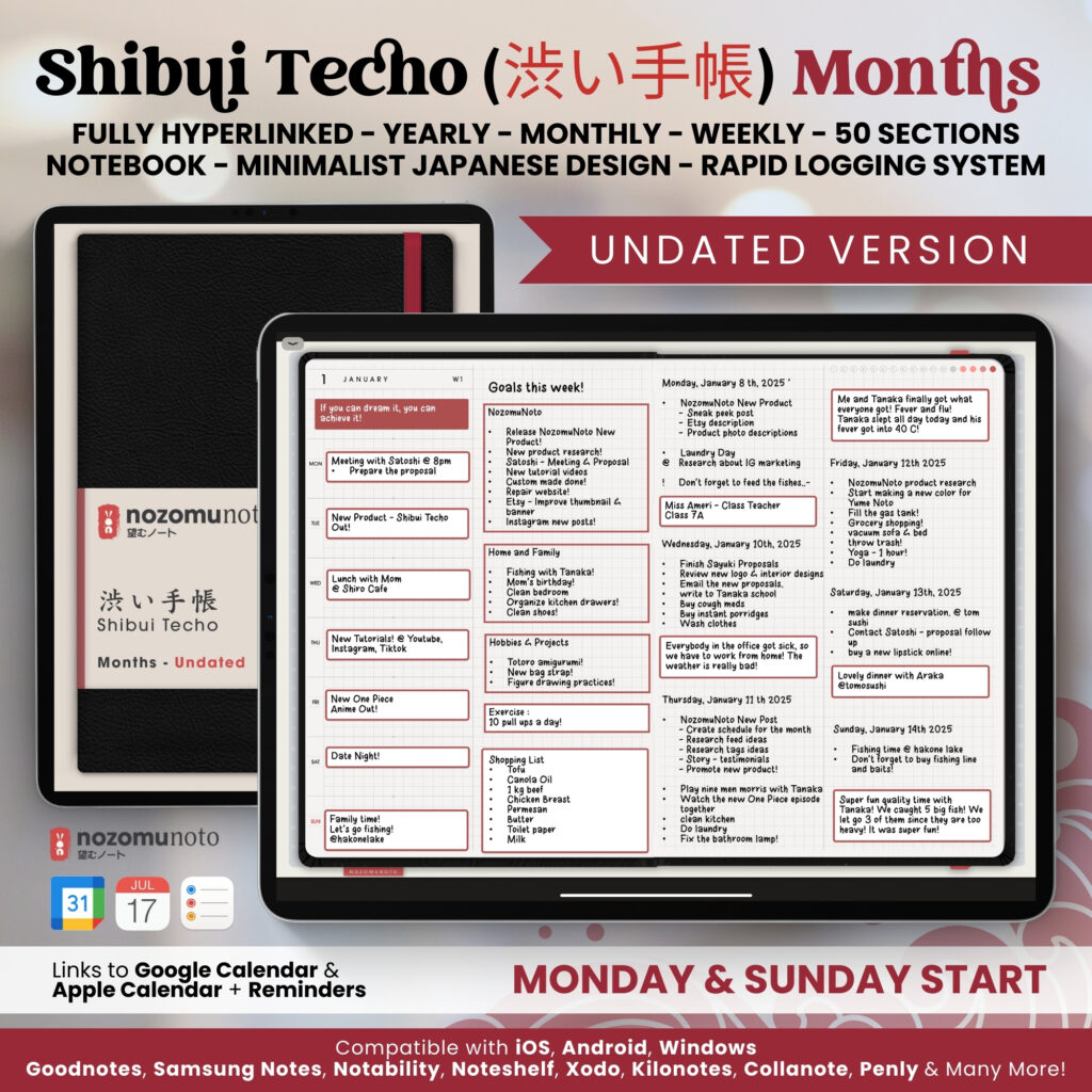 Digital Planner Shibui Techo NozomuNoto Notebook Weekly Monthly Calendar Japanese Multipurpose Minimalist ADHD Bullet Journal Hyperlinked PDF Goodnotes Notability Landscape Android iPad Student Study Noteshelf Samsung Notes Xodo