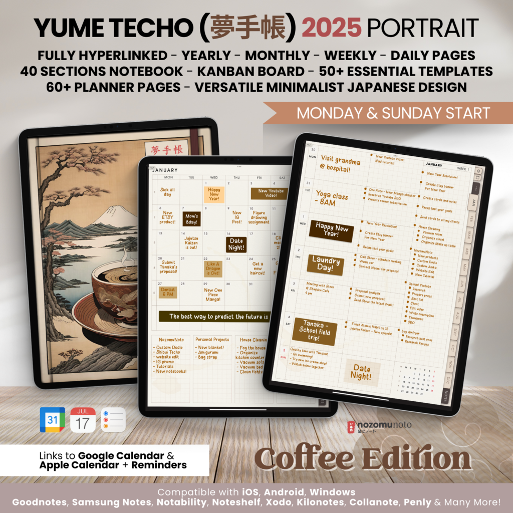 2025 Digital Planner Yume Techo NozomuNoto Notebook Daily Weekly Monthly Calendar Japanese Multipurpose Minimalist ADHD Bullet Journal Hyperlinked PDF Goodnotes Notability Portrait Android iPad Student Study Noteshelf Samsung Notes Hobonichi