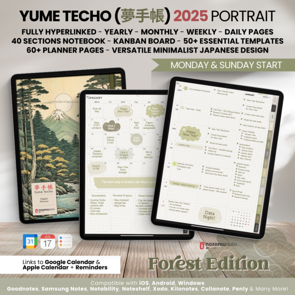 2025 Digital Planner Yume Techo NozomuNoto Notebook Daily Weekly Monthly Calendar Japanese Multipurpose Minimalist ADHD Bullet Journal Hyperlinked PDF Goodnotes Notability Portrait Android iPad Student Study Noteshelf Samsung Notes Hobonichi