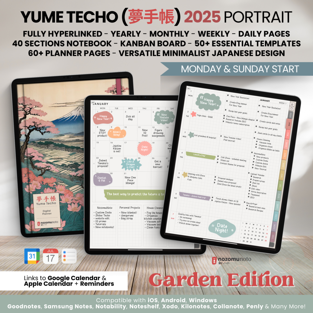 2025 Digital Planner Yume Techo NozomuNoto Notebook Daily Weekly Monthly Calendar Japanese Multipurpose Minimalist ADHD Bullet Journal Hyperlinked PDF Goodnotes Notability Portrait Android iPad Student Study Noteshelf Samsung Notes Hobonichi