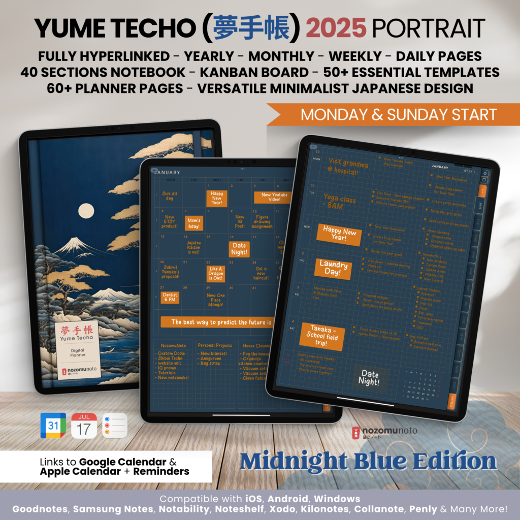 2025 Digital Planner Yume Techo NozomuNoto Notebook Daily Weekly Monthly Calendar Japanese Multipurpose Minimalist ADHD Bullet Journal Hyperlinked PDF Goodnotes Notability Portrait Android iPad Student Study Noteshelf Samsung Notes Hobonichi