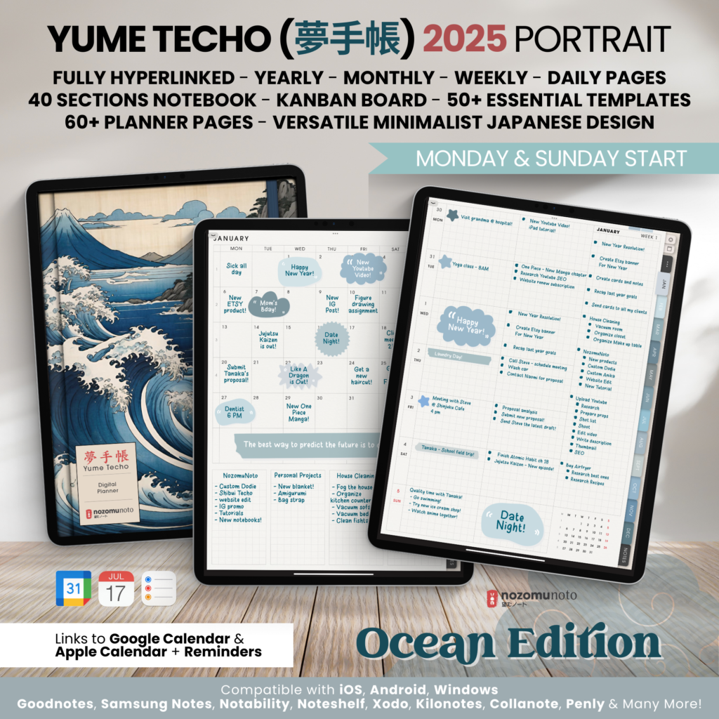 2025 Digital Planner Yume Techo NozomuNoto Notebook Daily Weekly Monthly Calendar Japanese Multipurpose Minimalist ADHD Bullet Journal Hyperlinked PDF Goodnotes Notability Portrait Android iPad Student Study Noteshelf Samsung Notes Hobonichi