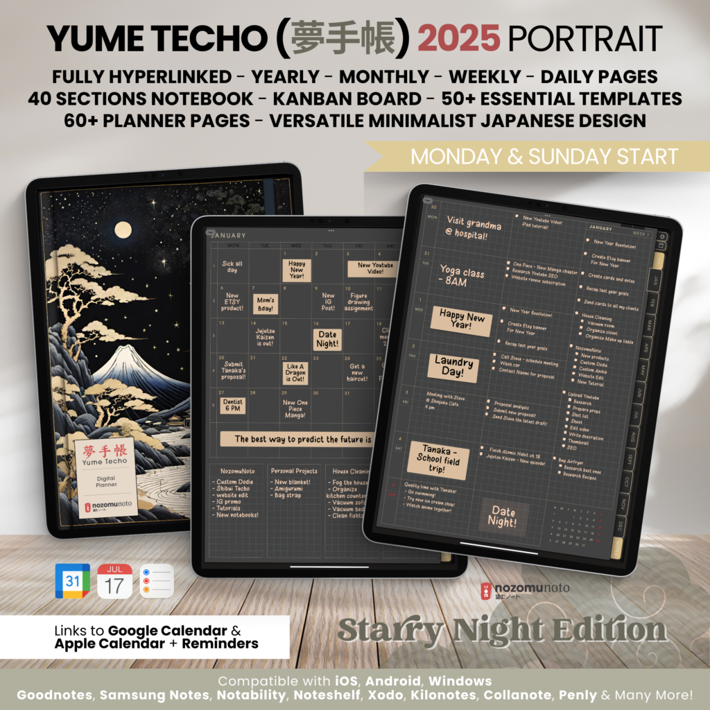 2025 Digital Planner Yume Techo NozomuNoto Notebook Daily Weekly Monthly Calendar Japanese Multipurpose Minimalist ADHD Bullet Journal Hyperlinked PDF Goodnotes Notability Portrait Android iPad Student Study Noteshelf Samsung Notes Hobonichi