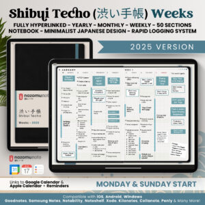 Digital Planner Shibui Techo NozomuNoto Notebook Weekly Monthly Calendar Japanese Multipurpose Minimalist ADHD Bullet Journal Hyperlinked PDF Goodnotes Notability Landscape Android iPad Student Study Noteshelf Samsung Notes Xodo