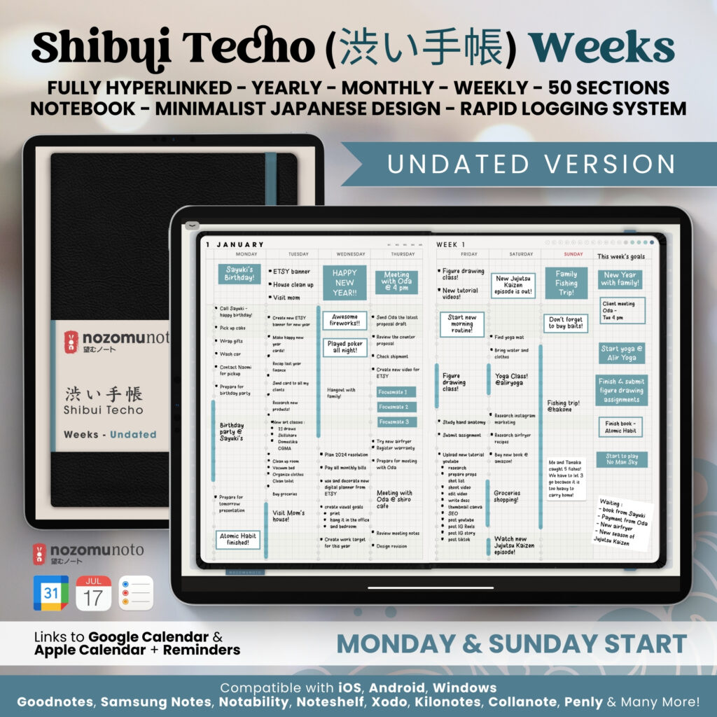 Digital Planner Shibui Techo NozomuNoto Notebook Weekly Monthly Calendar Japanese Multipurpose Minimalist ADHD Bullet Journal Hyperlinked PDF Goodnotes Notability Landscape Android iPad Student Study Noteshelf Samsung Notes Xodo