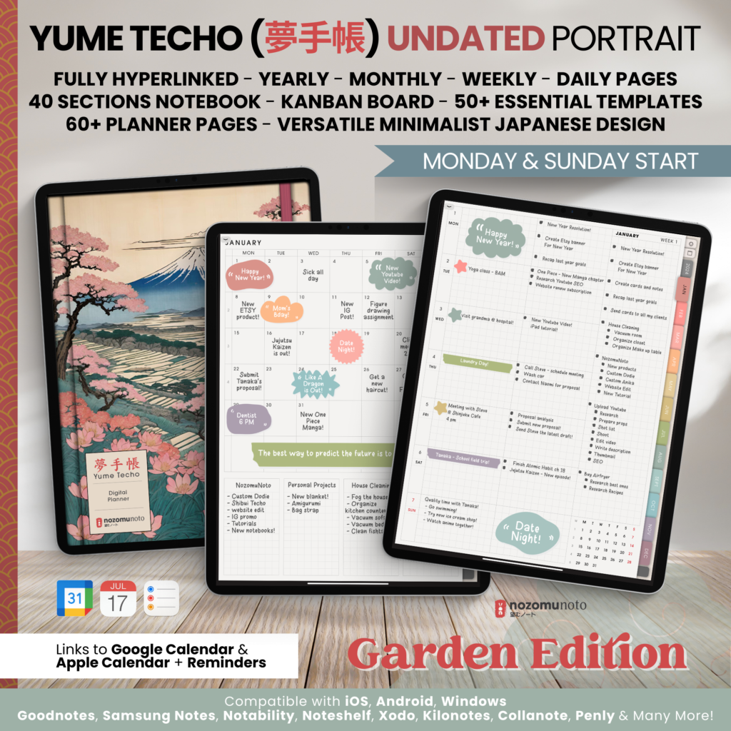 Dated Academic 2025 Digital Planner Yume Techo NozomuNoto Notebook Daily Weekly Monthly Calendar Japanese Multipurpose Minimalist ADHD Bullet Journal Hyperlinked PDF Goodnotes Notability Portrait Android iPad Student Noteshelf Samsung Notes Hobonichi